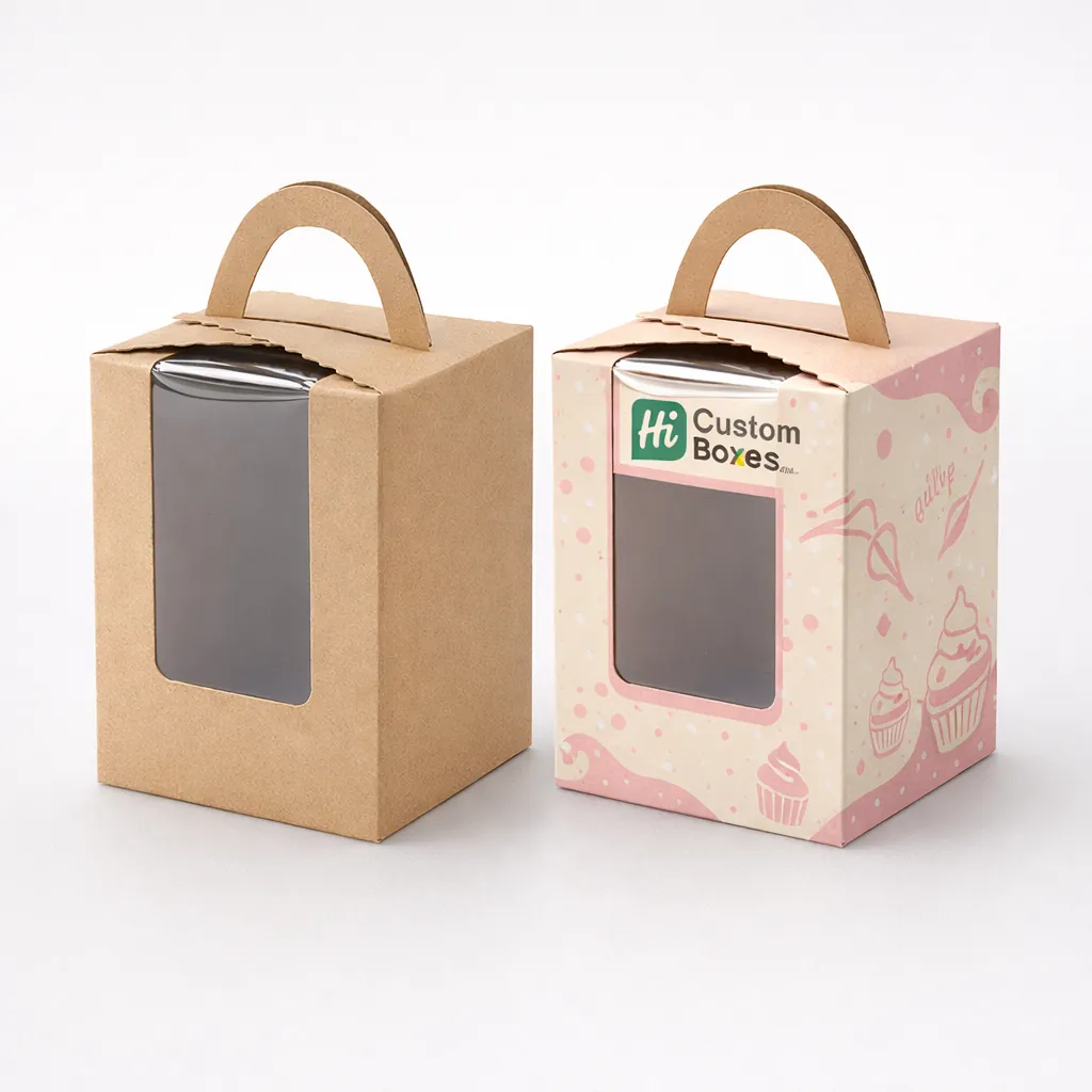 Tall brown kraft and decorative pink cake boxes with integrated handles and clear front viewing windows. class=